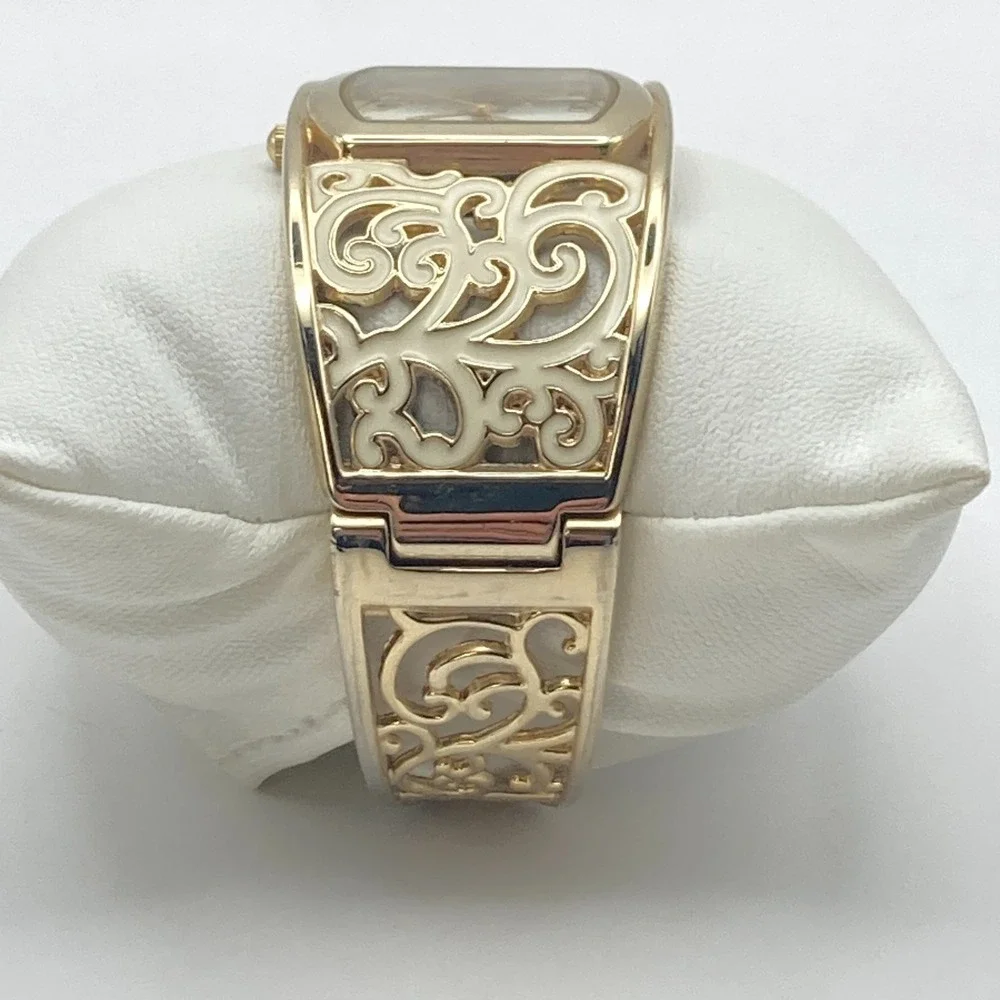 Geneva Women's Watch Gold Tone Cuff Scrollwork Enamel 30mm New Battery 6.5